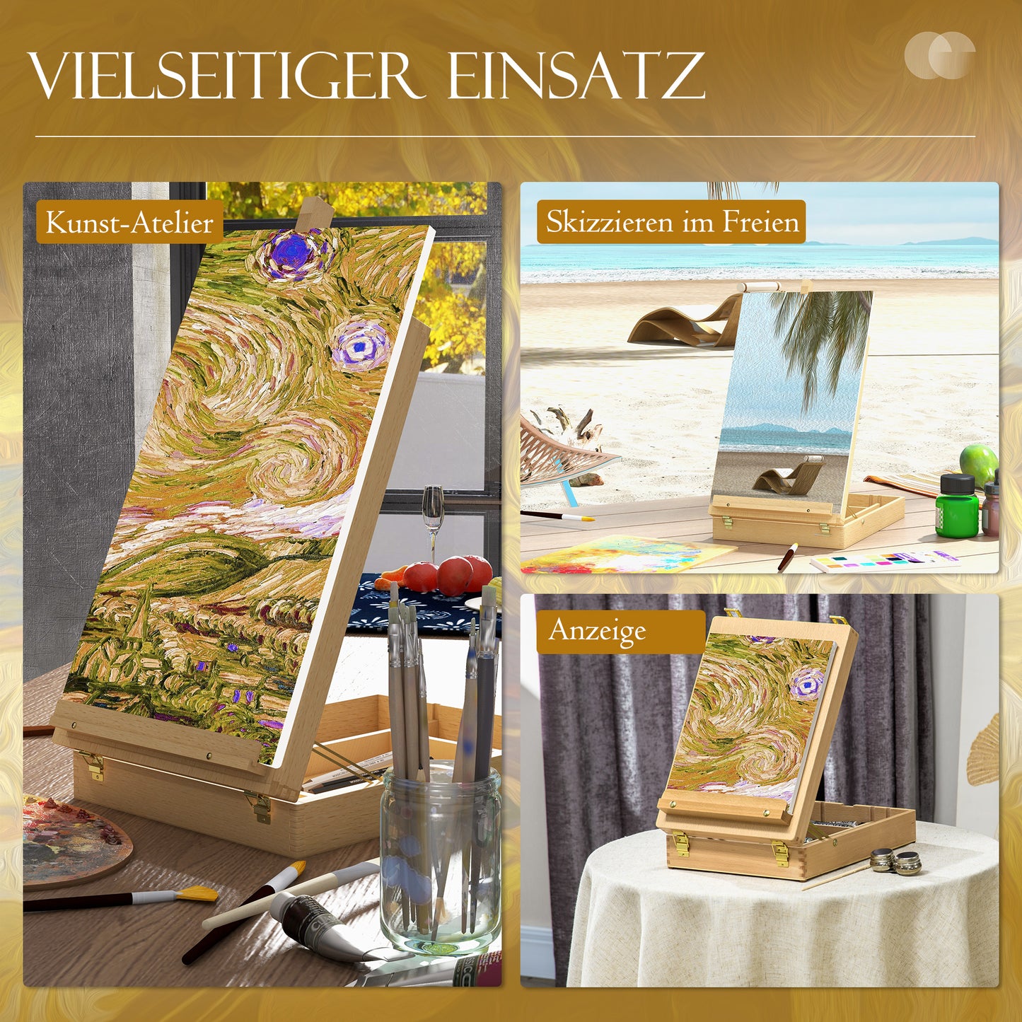 HOMCOM Tischstaffelei Tischstaffelei-Box, Buchenholz, klappbar, 27cm x 41,5cm x 74,5cm, Natur