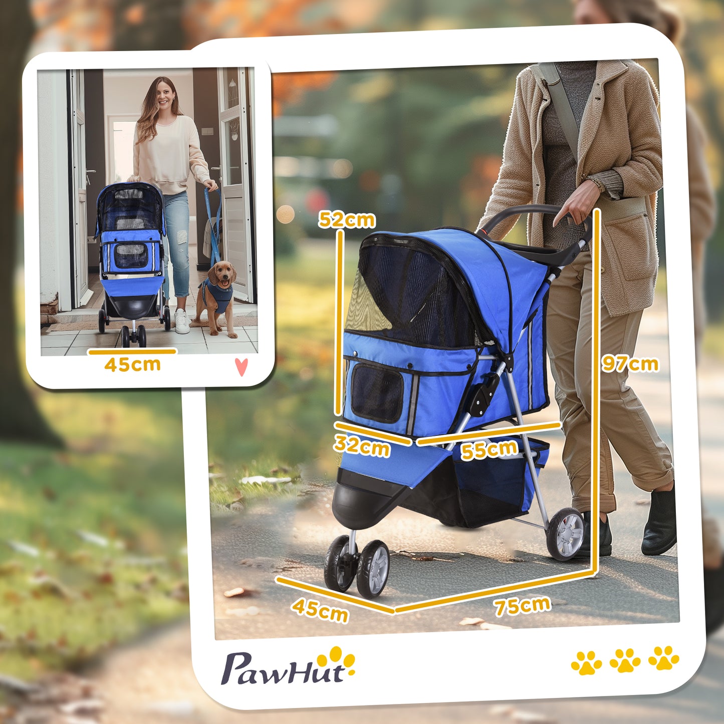 PawHut Hundewagen Hundebuggy bis 10 kg Klappbar Netzfenster Ablagekorb 2 Becherhalter Blau