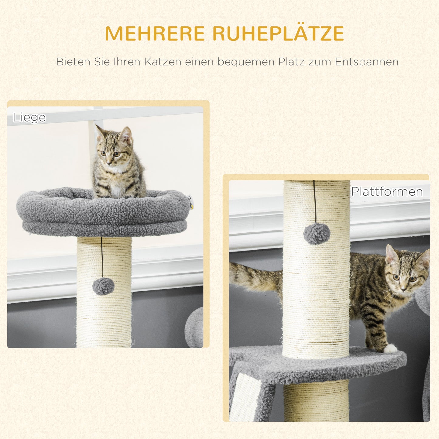 PawHut Kratzbaum, eine Plattform, hängender Spielball, Sisal, dunkelgrau+cremeweiß, 48 x 48 x 92cm