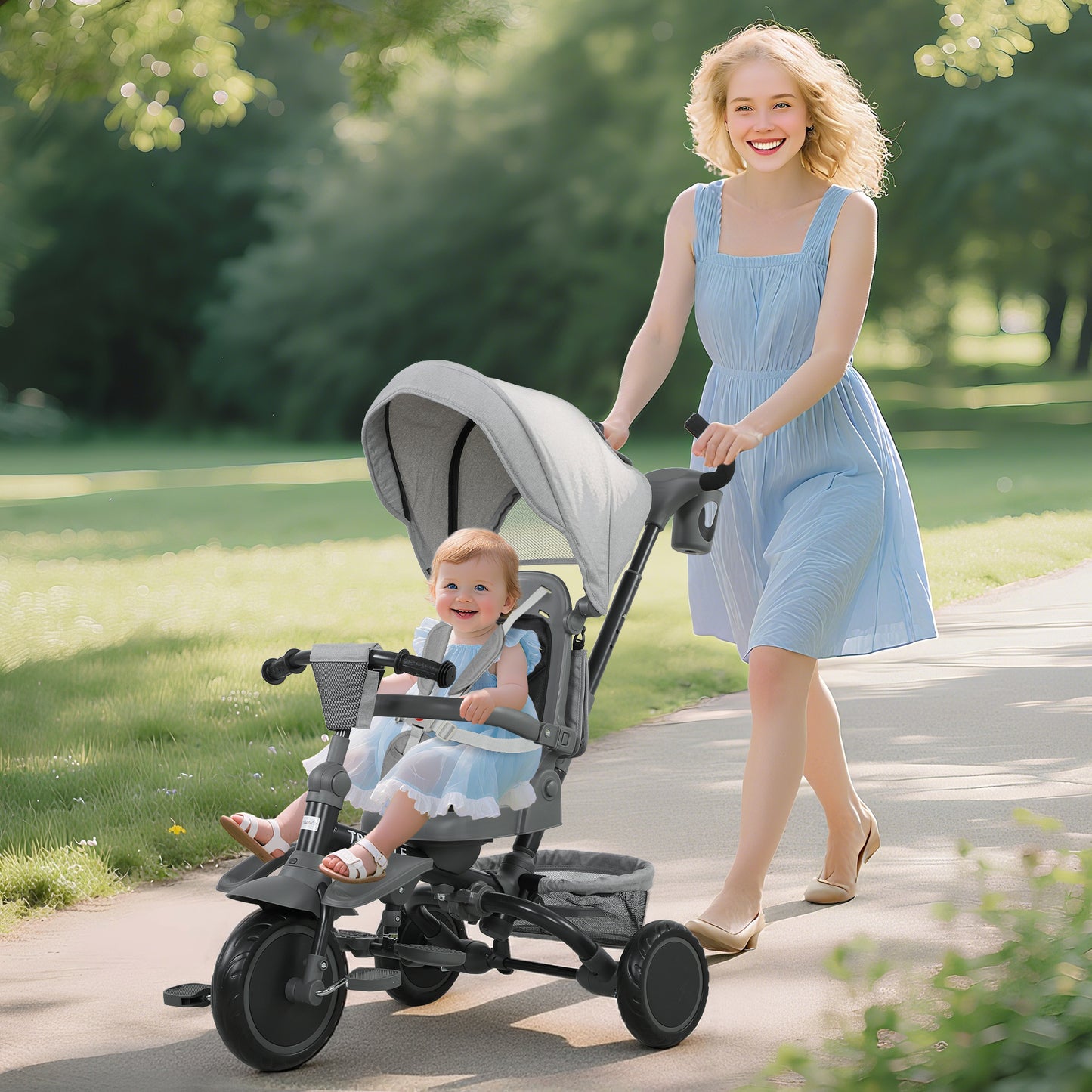 AIYAPLAY Kinderdreirad, 6-in-1 Buggy für Kleinkinder, mit Schiebegriff, verstellbarer Sitz, faltbares Design, Sicherheitsnetz, Grau