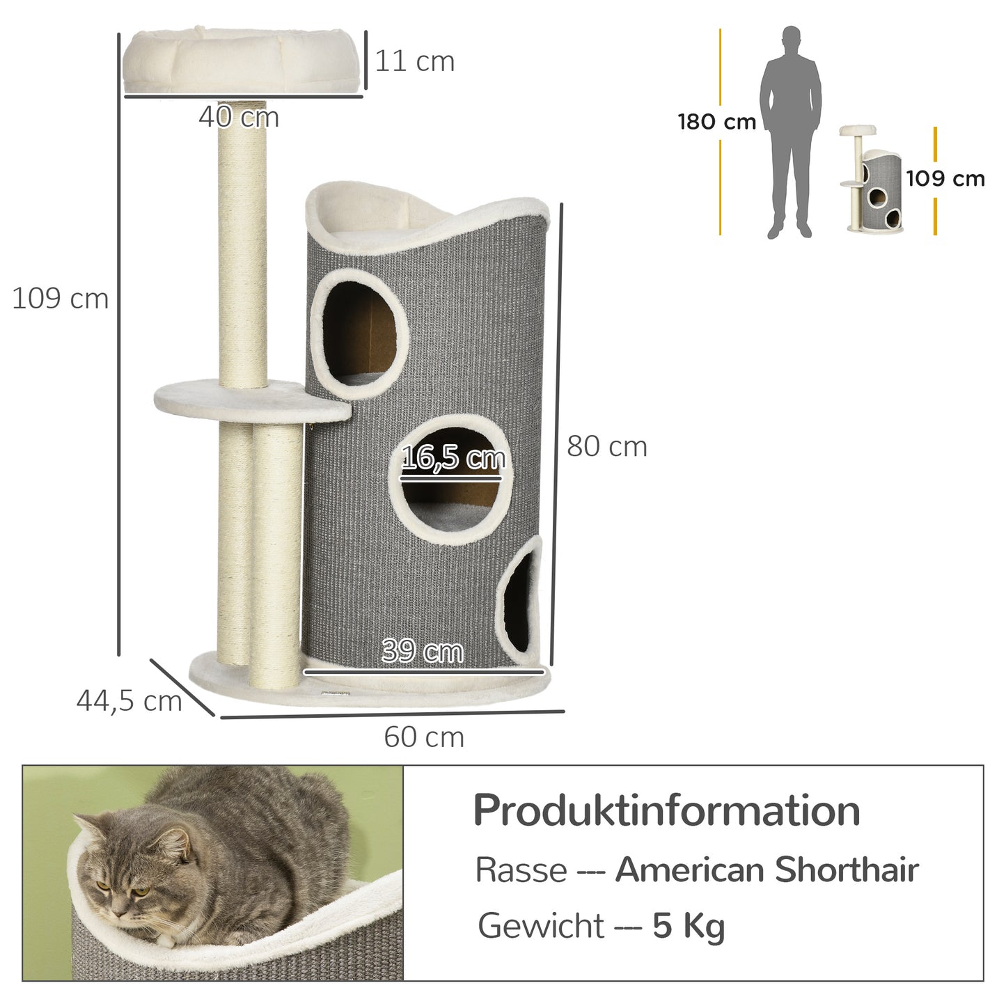 PawHut Kratzbaum mit Katzenbett u. Kratztonne für Katzen, 60 cm x 44,5 cm x 109 cm, Grau + Natur + Weiß