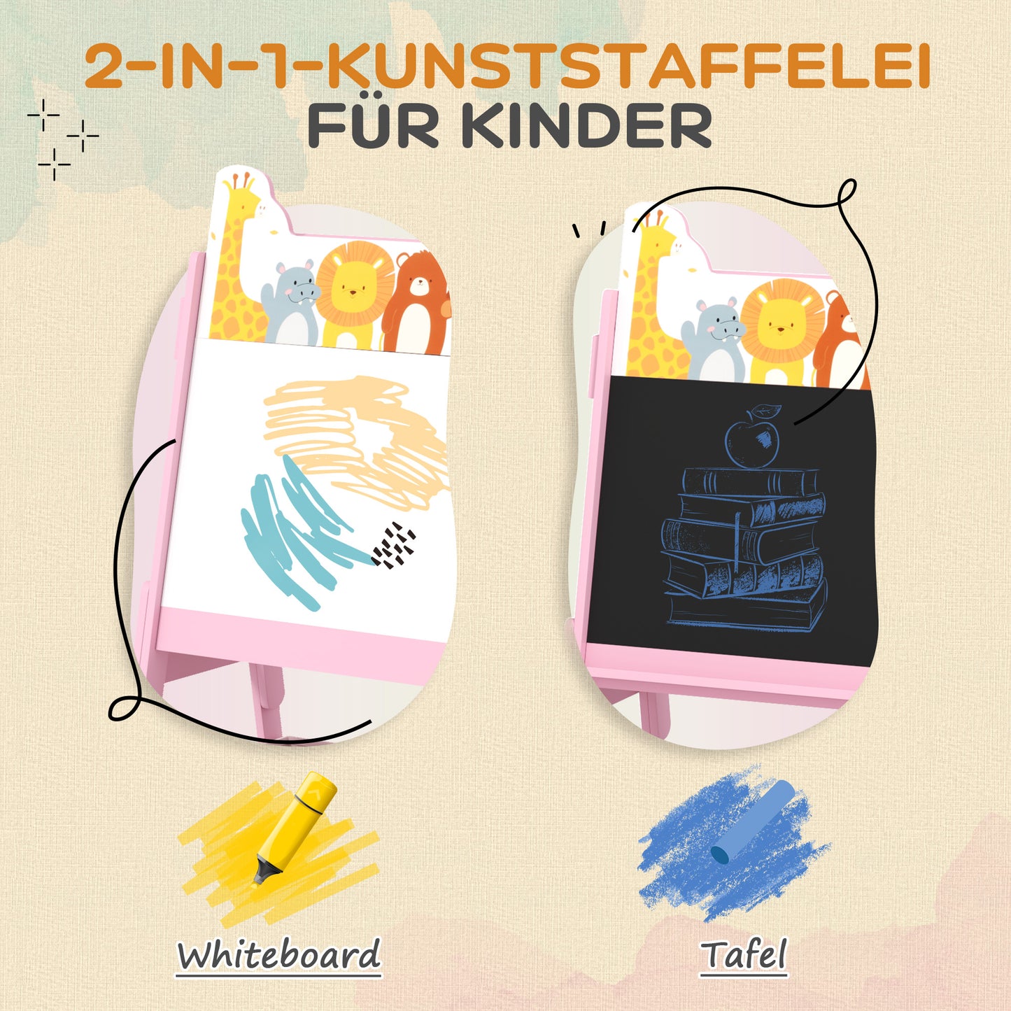 AIYAPLAY 2-in-1 Kindermalstaffelei mit Whiteboard, Kreidetafel, Aufbewahrungsboxen, für Kinder im Alter von 3-8 Jahren, Rosa
