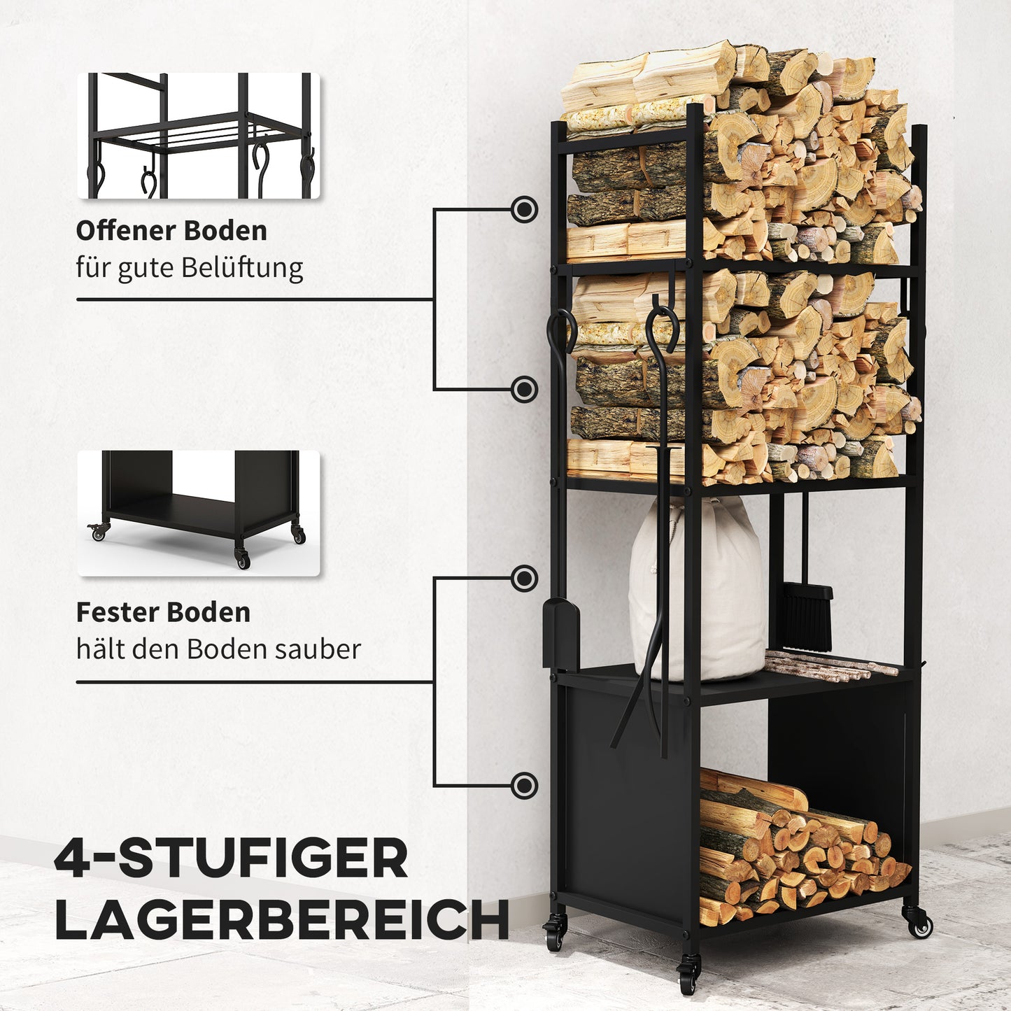 Outsunny 4-Ebenen-Feuerholzregal mit Rädern und 4 Werkzeugen، Brennholzregal aus Metall für den Innen- und Außenbereich، شوارتز