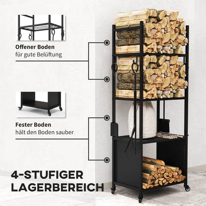 Outsunny 4-Ebenen-Feuerholzregal mit Rädern und 4 Werkzeugen، Brennholzregal aus Metall für den Innen- und Außenbereich، شوارتز