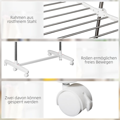 HOMCOM Turmwäscheständer ausziehbar Standtrockner mit 3 Ebenen, klappbare Flügel, Rollen, Wäschetrockner für Innen und Außen, Weiß, 83-136,5 x 45,5 x 154 cm
