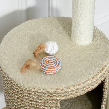 PawHut Katzenbaum Kratzbaum Kletterbaum Katzenkratzbaum, kuschelige Aussichtsplattformen, beige und kaffee, Spanplatte, Plüsch, Jute, 61x41x96 cm