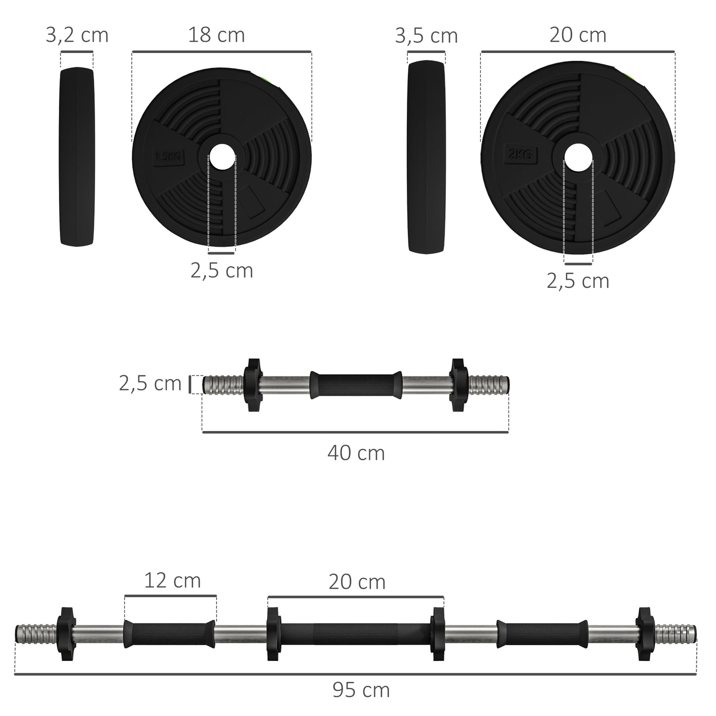 SPORTNOW 2-in-1 Hantel-Set, Lang- & Kurzhantel, 15 kg, rutschfest, bodenschonend, Schwarz/Grün