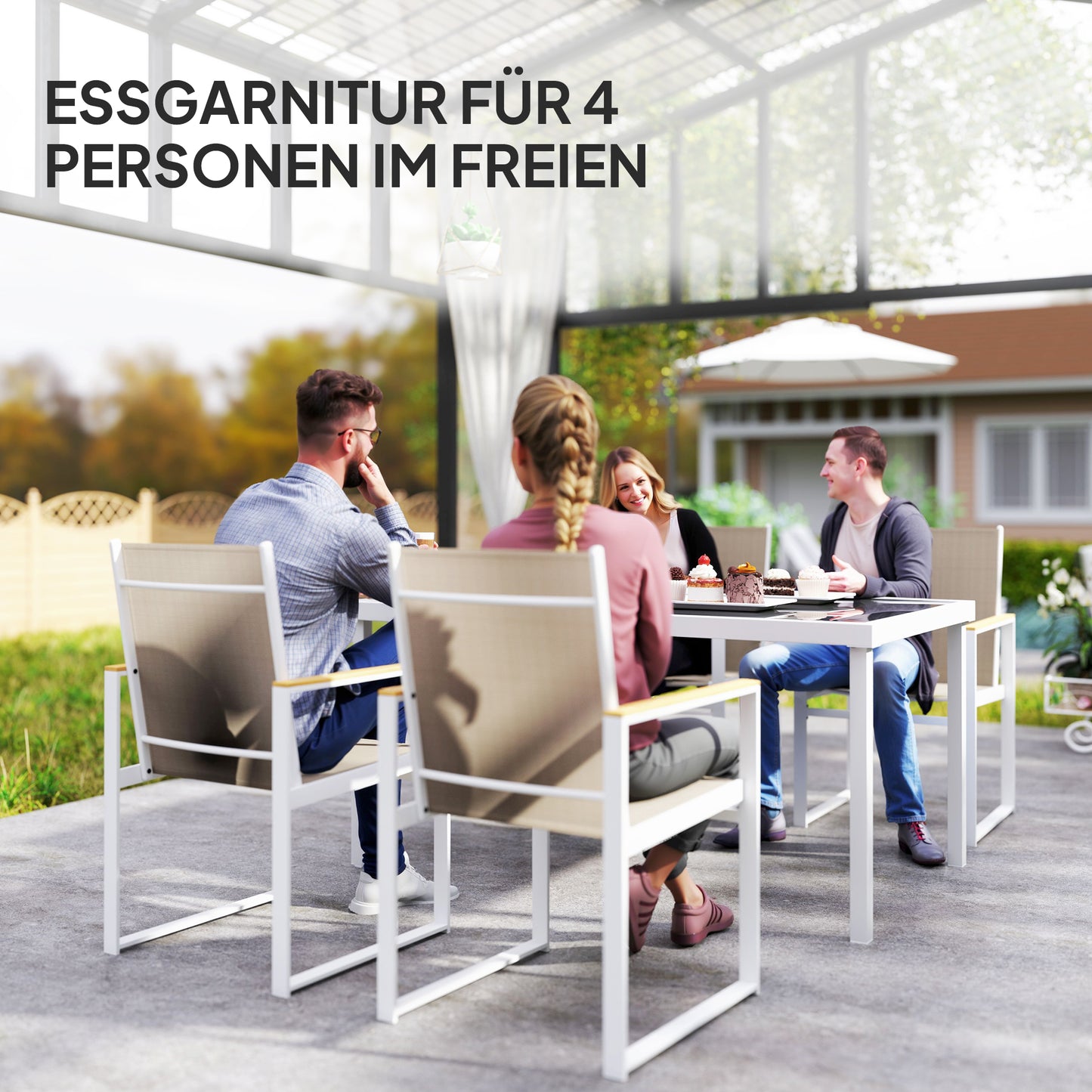Outsunny 5-teiliges Ess-Set, Outdoor-Tisch aus Hartglas, 4 Stühle, wetterbeständig, Stahlrahmen, Terrassenmöbel, Mehrfarbig
