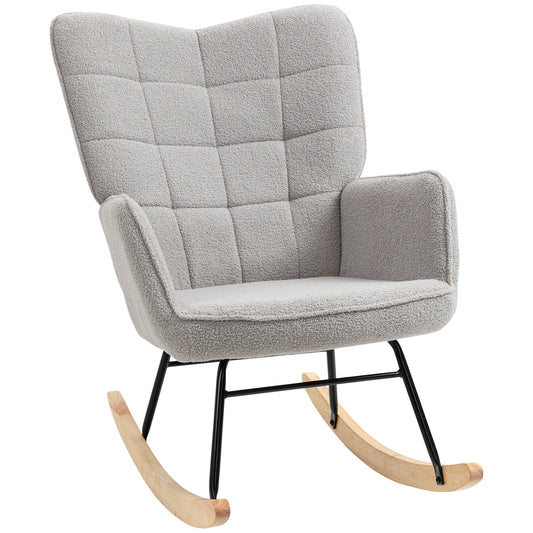 HOMCOM Schaukelstuhl im Retro-Design, Massivholz, Schwingsessel, 71 cm x 92 cm x 101 cm, Hellgrau