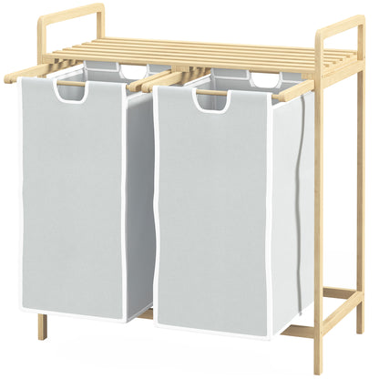 HOMCOM Wäschekorb mit 2 Waschsäcken, 1 Ablage, Bambus, 63,5 cm x 33 cm x 73 cm, Hellgrau + Natur
