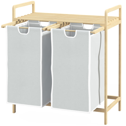 HOMCOM Wäschekorb mit 2 Waschsäcken, 1 Ablage, Bambus, 63,5 cm x 33 cm x 73 cm, Hellgrau + Natur