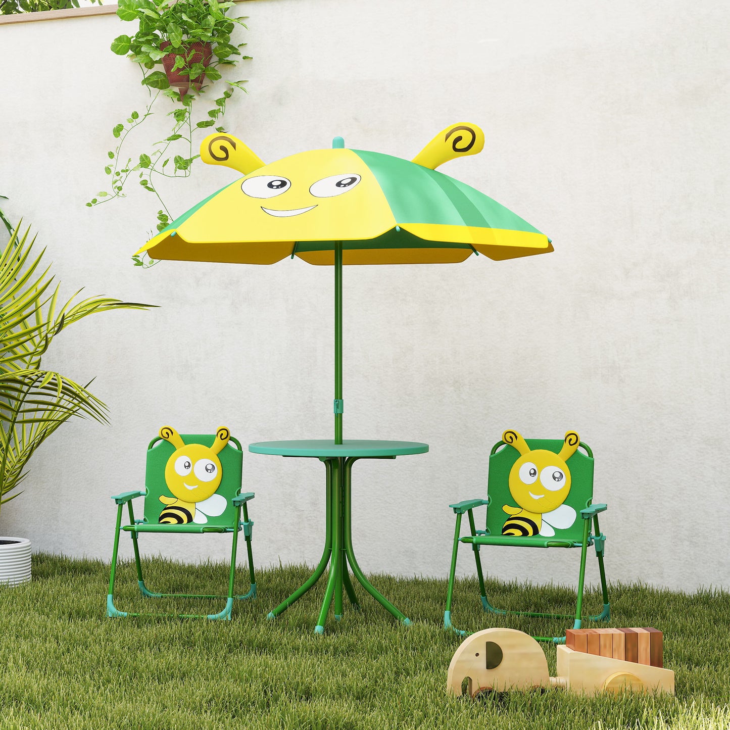 AIYAPLAY Gartenmöbel-Set für Kinder، Stühle، Tisch، Sonnenschirm، Bienen-Design، Grün+Gelb