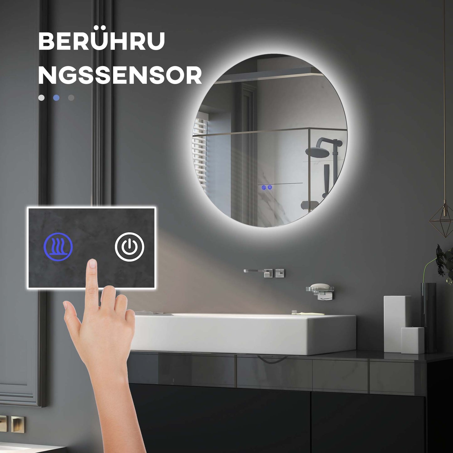 kleankin Badezimmerspiegel, LED, Farbwechsel, Antibeschlag, Touch-Schalter, IP44, Ø 60 cm, Weiß