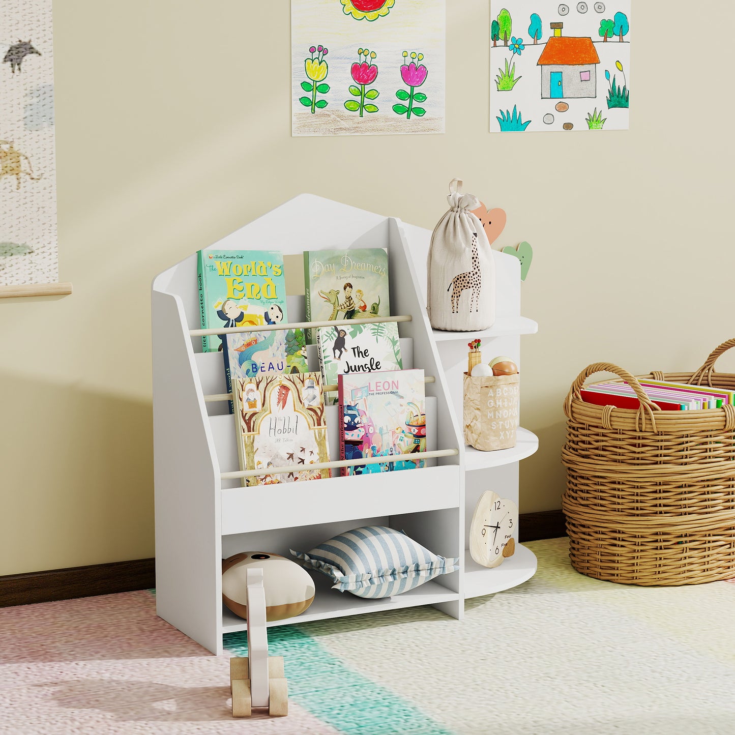 AIYAPLAY Kinderregal mit 7 Regalen für Bücher, Spielzeug, runde Kanten, trägt 40 kg, Weiß