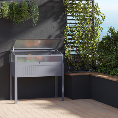 Outsunny Hochbeet Holz mit Frühbeet 2-in1 Gewächshaus Tomatenhaus Gemüsebeet Kräuterbeet Pflanzkasten für Garten Balkon und Terrasse Polycarbonat Grau 120 x 54 x 112/122 cm