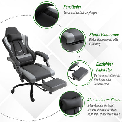 Vinsetto Ergonomischer Gaming Stuhl Bürostuhl Schreibtischstuhl, Drehstuhl Höhenverstellbar, Verstellbares Lendenkissen mit Fußstützen Schwarz 62x52x128 cm