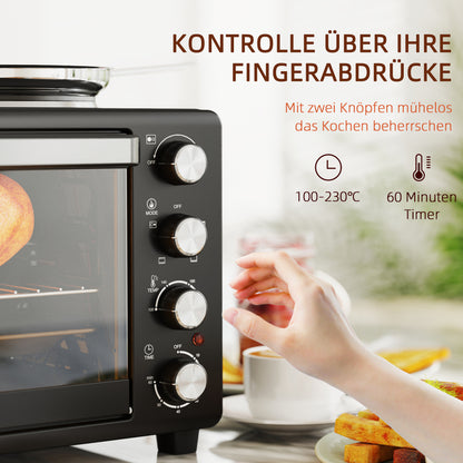 HOMCOM 28 L Toasterofen, Kompakter Backofen zum Kochen und Grillen, Elektro-Ofen mit Backblech, Grillrost, 2600W, Schwarz