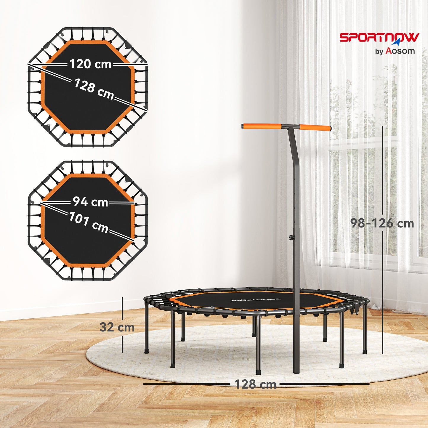 SPORTNOW Fitness-Trampolin, Trainingstrampolin mit verstellbarem Haltegriff, stabil und leise, für drinnen, Stahl, Orange