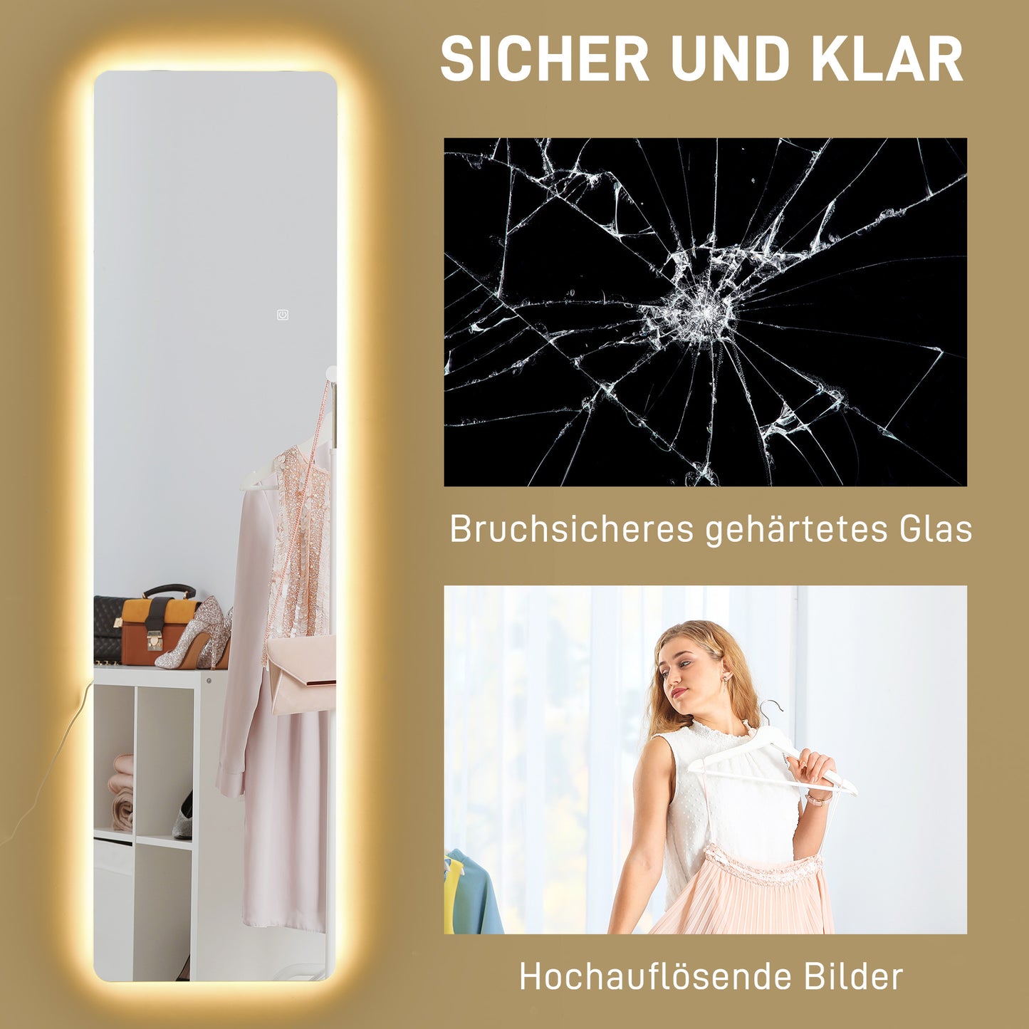 HOMCOM LED Ganzkörperspiegel, Touch-Steuerung, dimmbar, rahmenlos, 40 x 150 cm