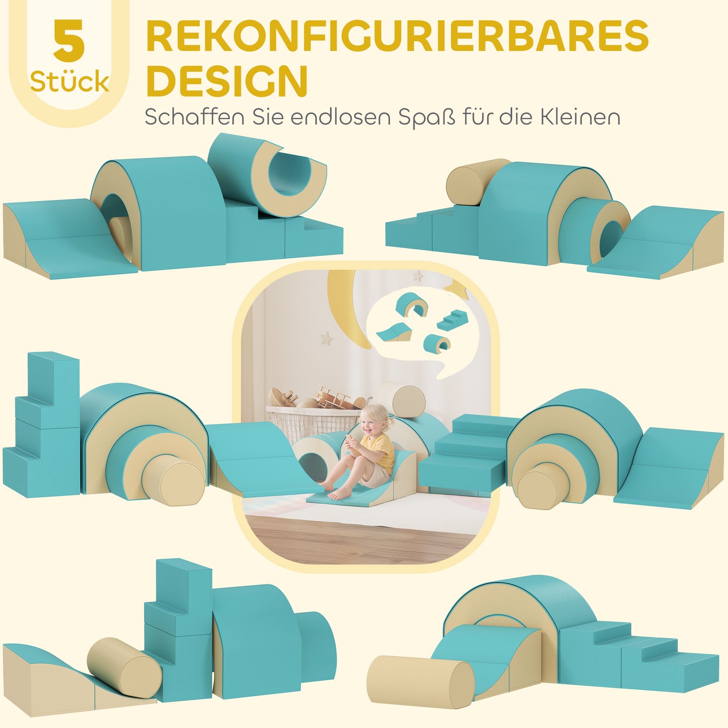 AIYAPLAY 5-teiliges Softbaustein-Set für Babys & Kleinkinder, Schaumstoff, Kunstleder, 5 kreative Formen, Indoor-Set zum Klettern, Krabbeln, Spielen, Grün