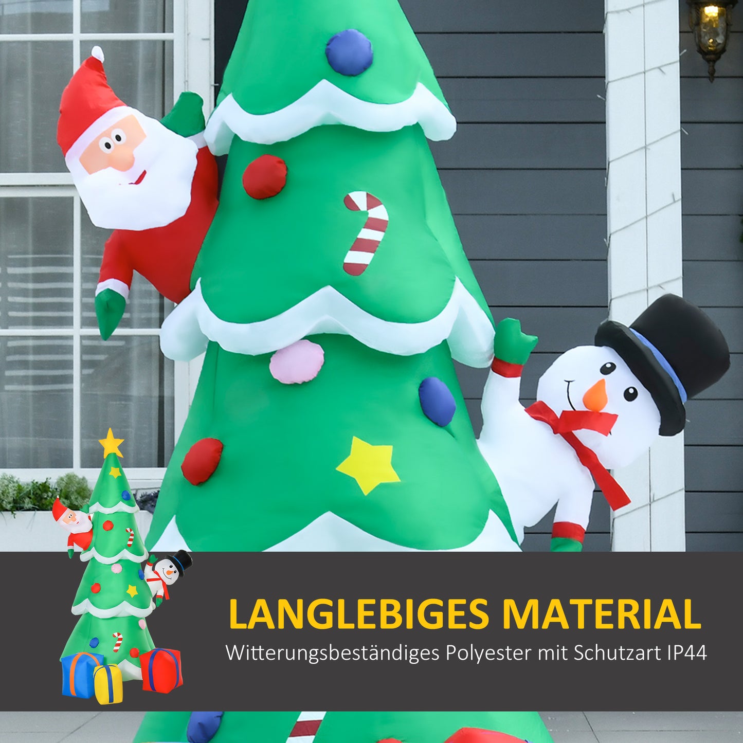 HOMCOM Aufblasbarer Weihnachtsbaum mit Weihnachtsmann Schneemann und Geschenkbox 210 cm Weihnachtsbeleuchtung LED Selbstaufblasend Polyester Grün 144 x 125 x 210 cm