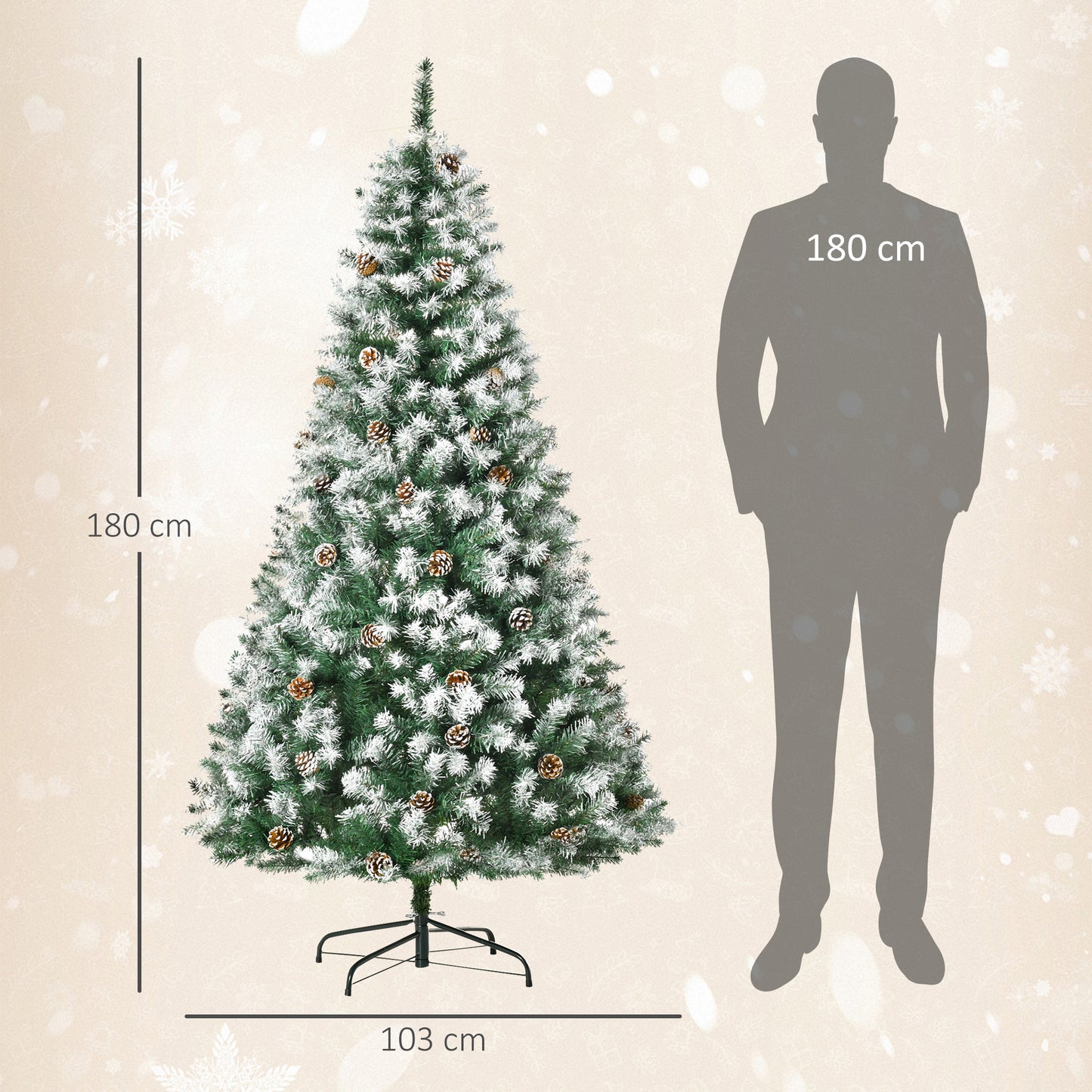 HOMCOM Künstlicher Weihnachtsbaum, 800 Zweige, 61 Zapfen, verschneite Spitzen, feuerfest, 180 cm