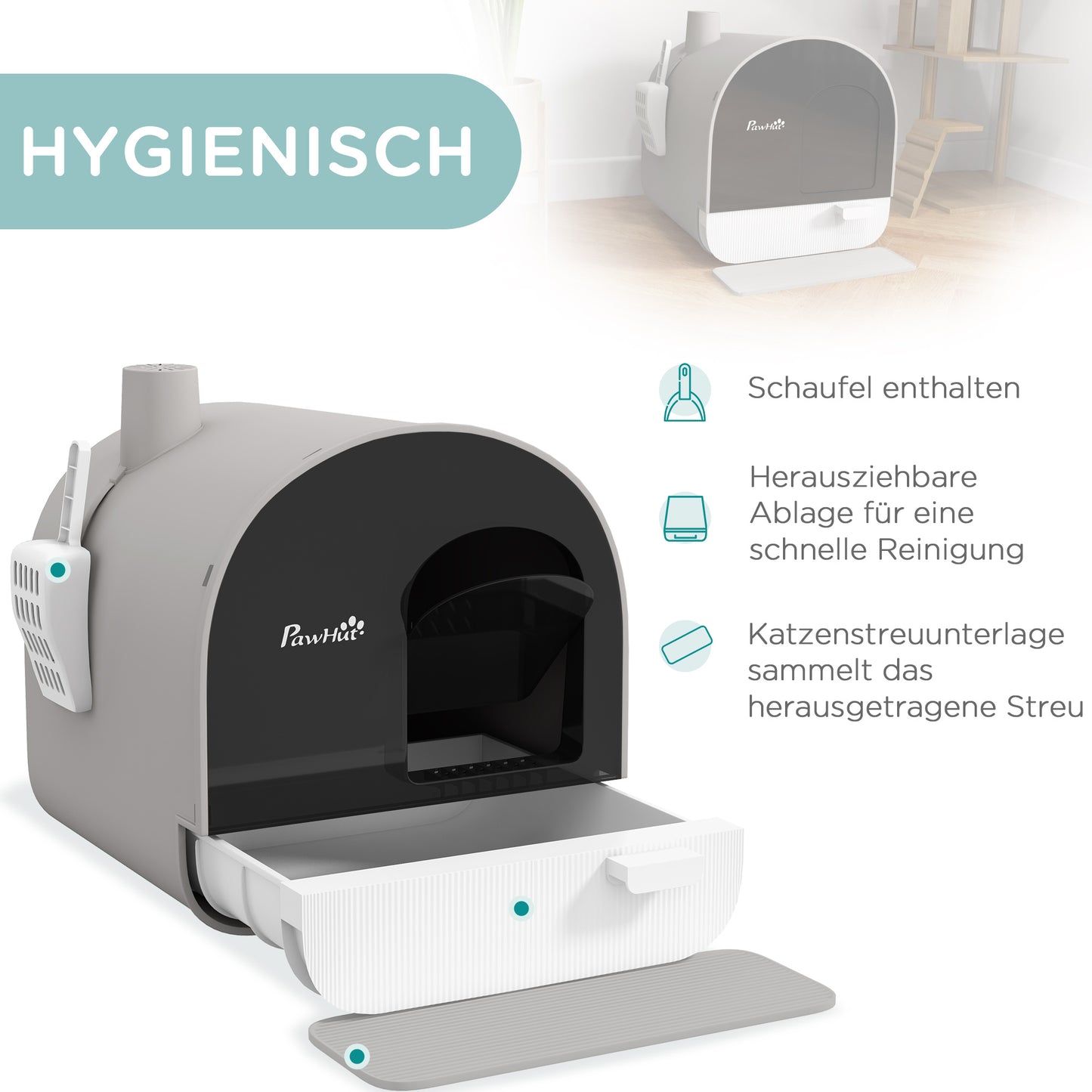 PawHut Katzentoilette mit Deckel, Streuschaufel, Schmutzfangmatte, Kunststoff, Grau/Schwarz