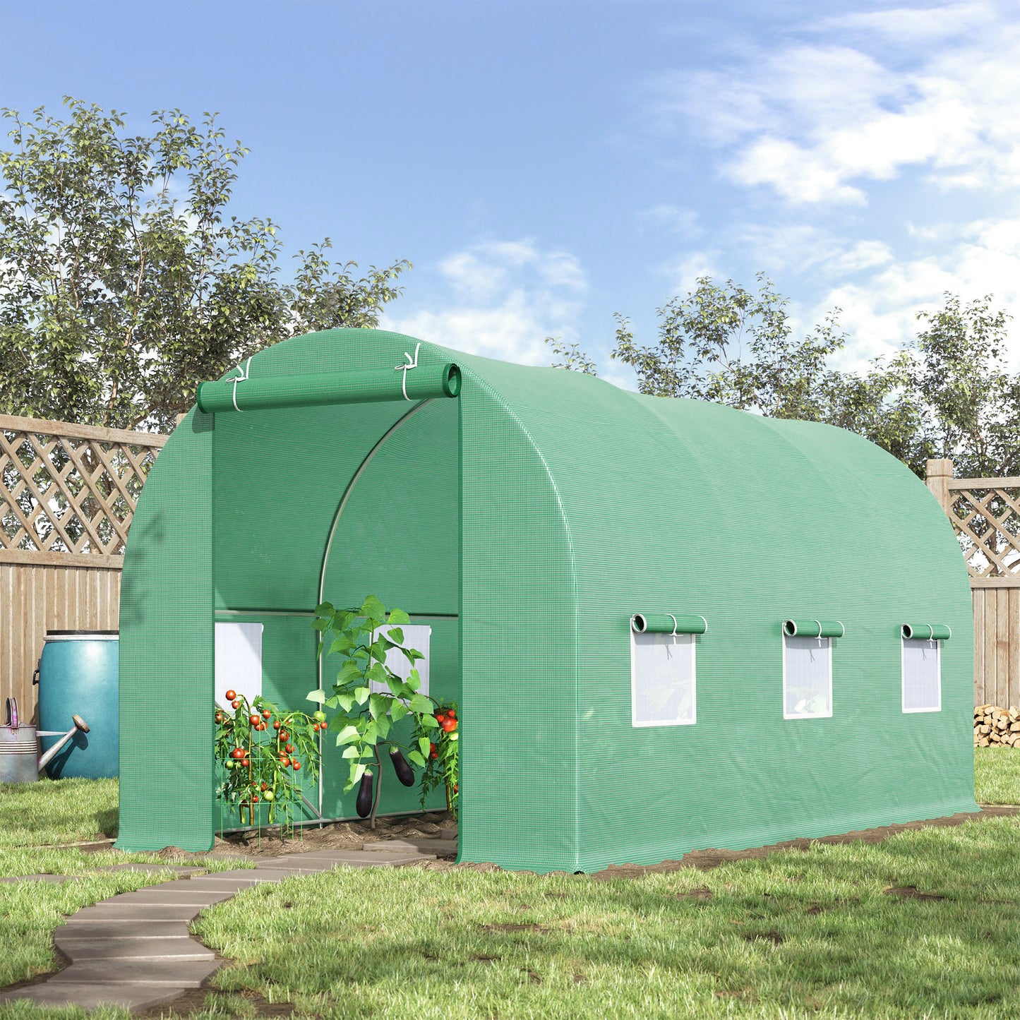 Outsunny Gewächshaus 445x190x200cm Foliengewächshaus Tomatenhaus Tür mit Moskitonetz, Fenster, Folientunnel aus verzinktem Stahl, stabiles Pflanztunnel, Treibhaus inkl. Erdanker Seilen, Grün