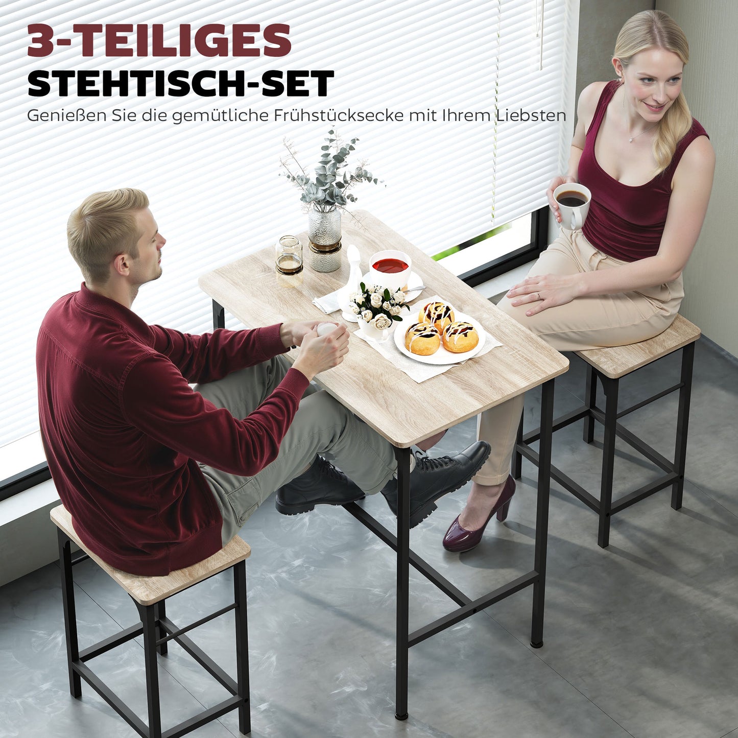 HOMCOM Bartisch Set Bartisch mit Barhocker-Set Esstisch mit 2 Stühlen mit Rutschfestem Fußpolster Naturholz
