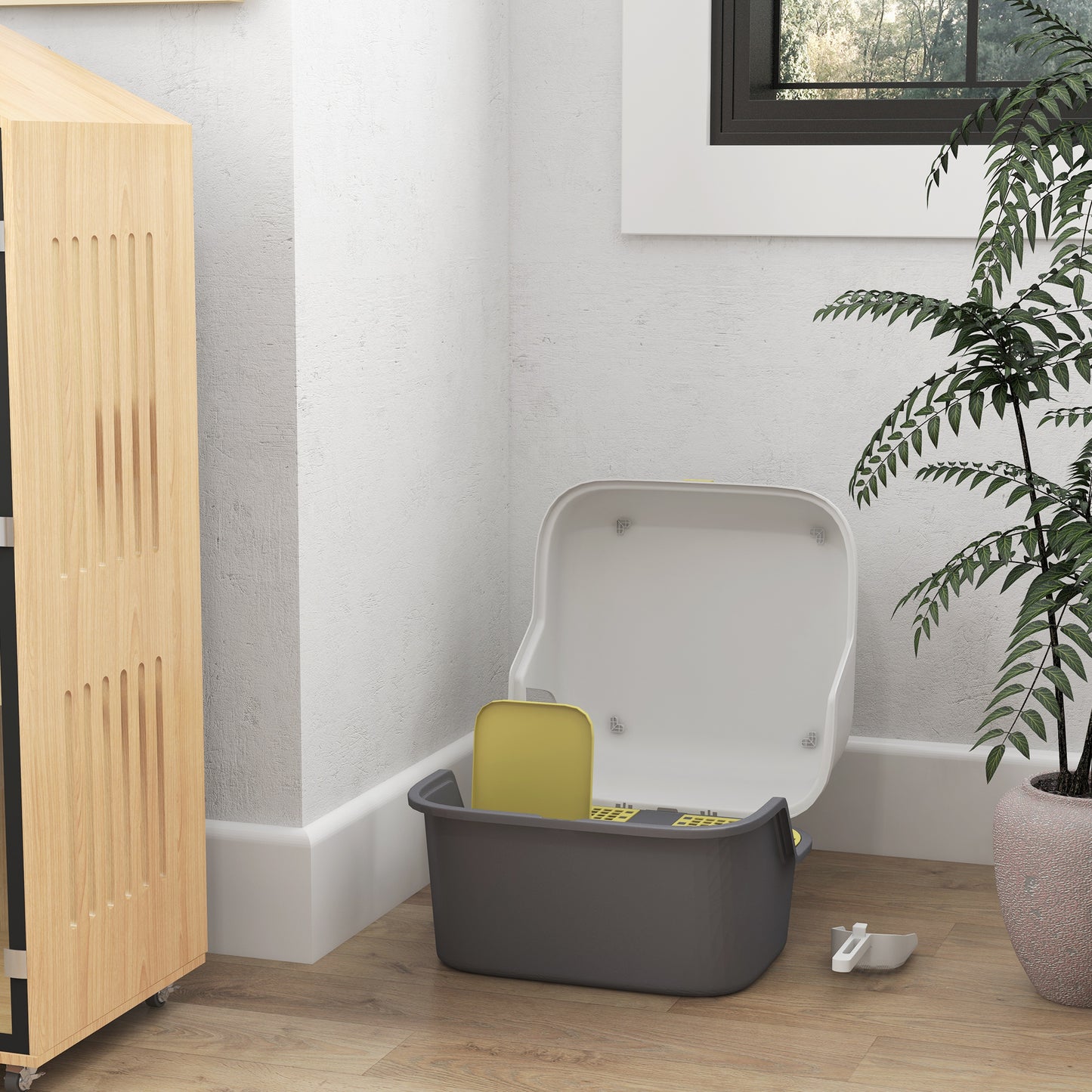 PawHut Katzentoilette, Katzenklo mit Deckel und Schaufel, leicht zu reinigen, verschließbar, Weiß