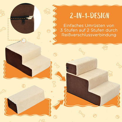 PawHut Haustiertreppe Hundetreppe Katzentreppe 3 Stufen für Katzen und Hunde Plüsch Beige 54 x 40 x 39cm