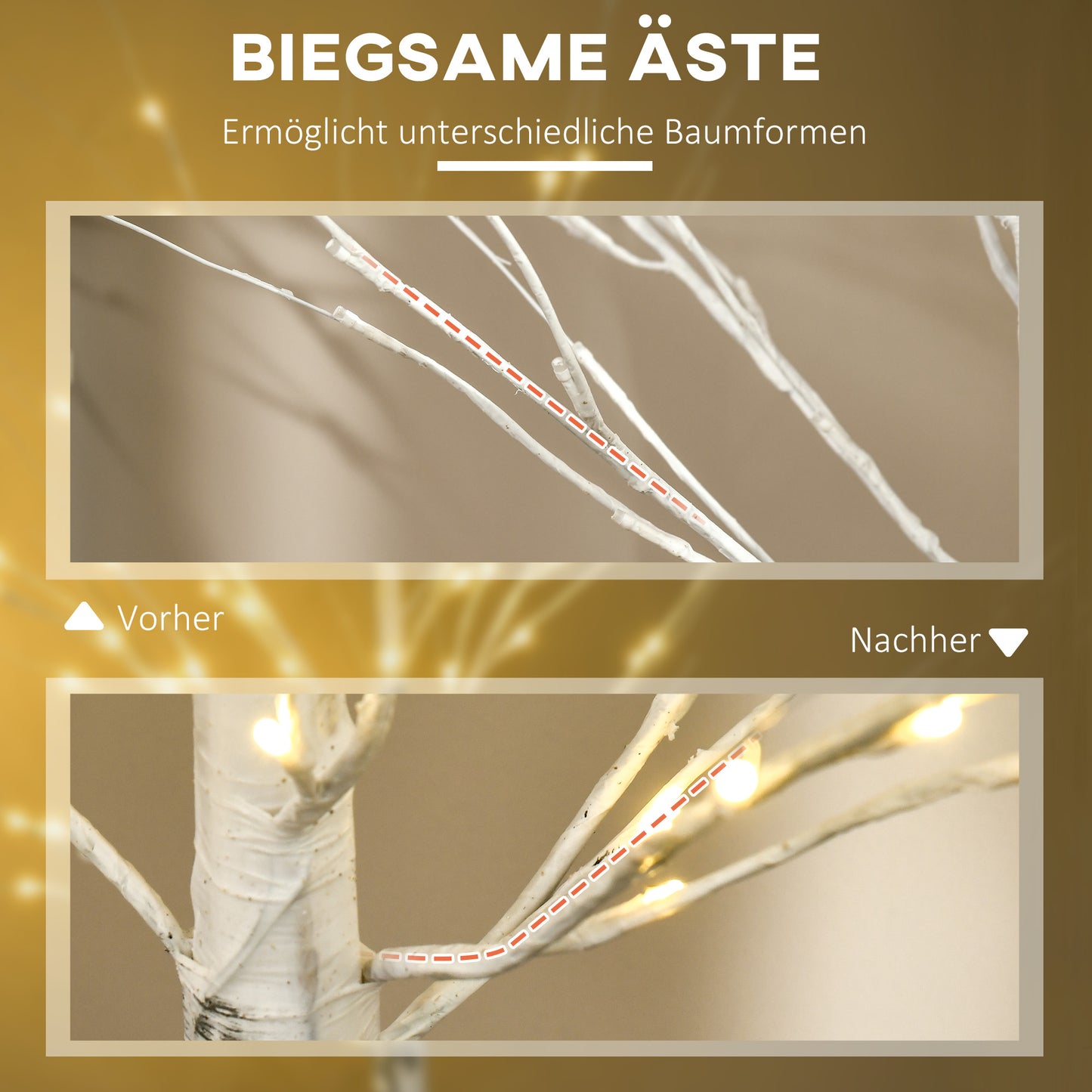HOMCOM Künstliche Birke mit LEDs, biegsame Äste, Kunststoff und Metall, 150 cm, Weiß