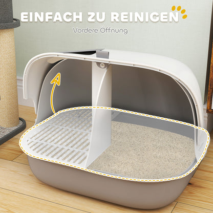 PawHut Katzentoilette mit Deckel, Katzenklo mit internem Kanal, Tür, Schaufel, leicht zu reinigen, Kunststoff, Hellgrau