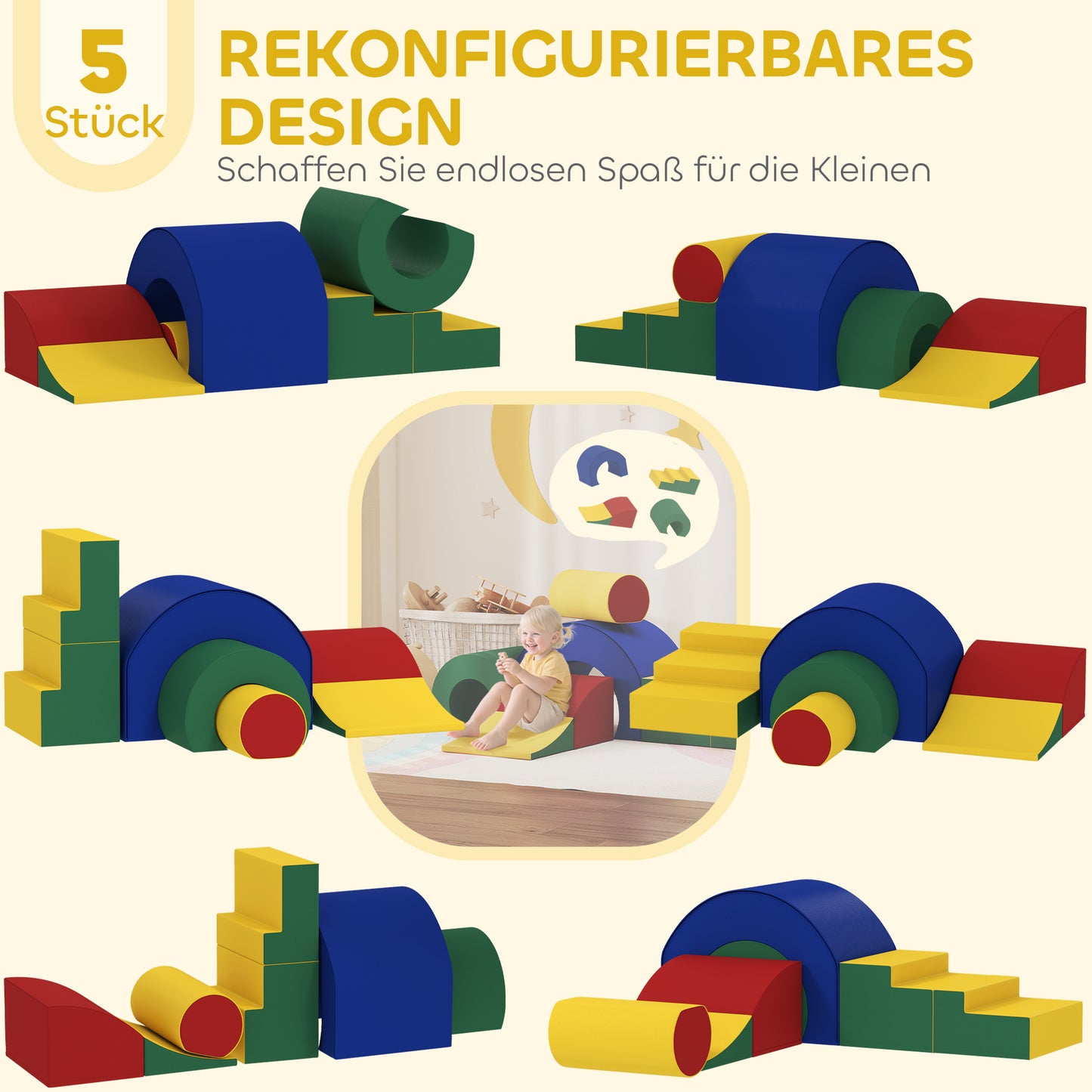 AIYAPLAY 5-teiliges Softbaustein-Set für Babys & Kleinkinder, Schaumstoff, Kunstleder, 5 kreative Formen, Indoor-Set zum Klettern, Krabbeln, Spielen, Bunt