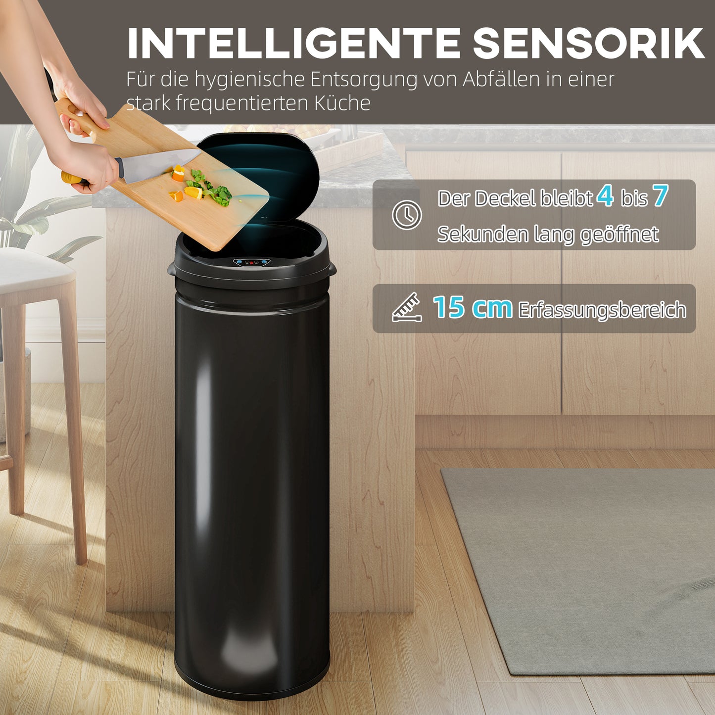 جهاز استشعار هومكوم 50 لتر مع وظيفة الإغلاق الناعم، berührungsfreier Abfalleimer aus Edelstahl für hygienische Kitchen