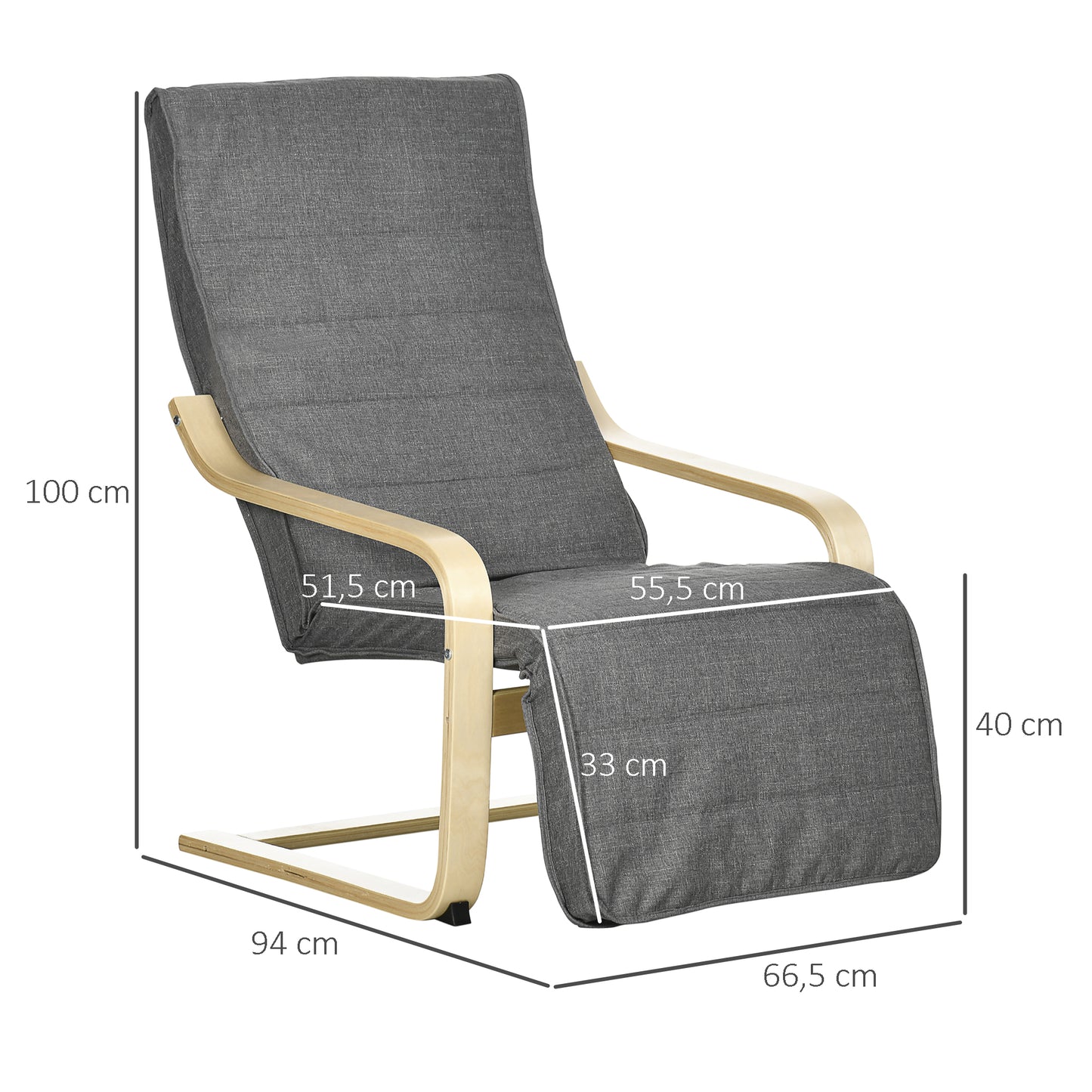 HOMCOM Akzentsessel, Relaxsessel mit verstellbarem Fußteil, Birkenholzrahmen, bis 120 kg, 66,5 x 94 x 100 cm, Grau
