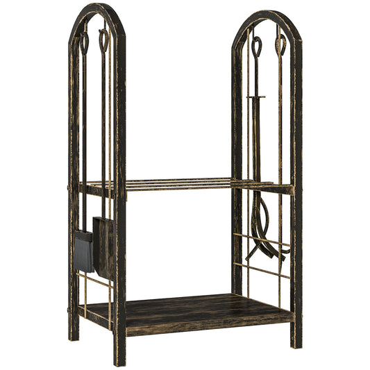 Outsunny Kaminholzregal für innen 43 x 30 x 74cm 2 Ebenen Brennholzregal mit 4 Kaminwerkzeug, Haken