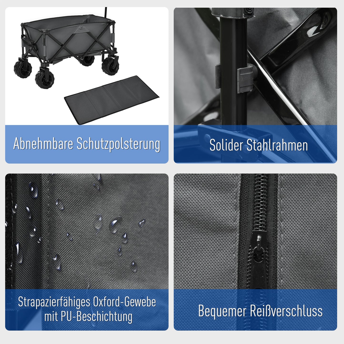 Outsunny Bollerwagen Faltbarer Handwagen 360° Gartenwagen Transportwagen mit Teleskop Griff Verstellbarer Griffhöhe Strandwagen bis 70 kg Tragkraft Metall Oxford Dunkelgrau 108 x 55 x 59-89 cm