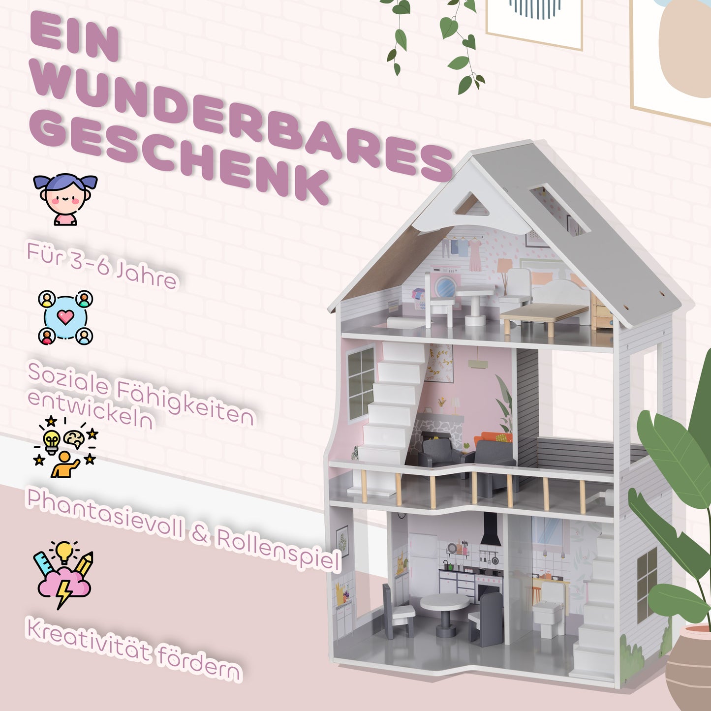 AIYAPLAY Puppenhaus aus Holz mit 13 Möbelstücken und Zubehör, 3-stöckiges Spielhaus für Kinder im Alter von 3-6 Jahren
