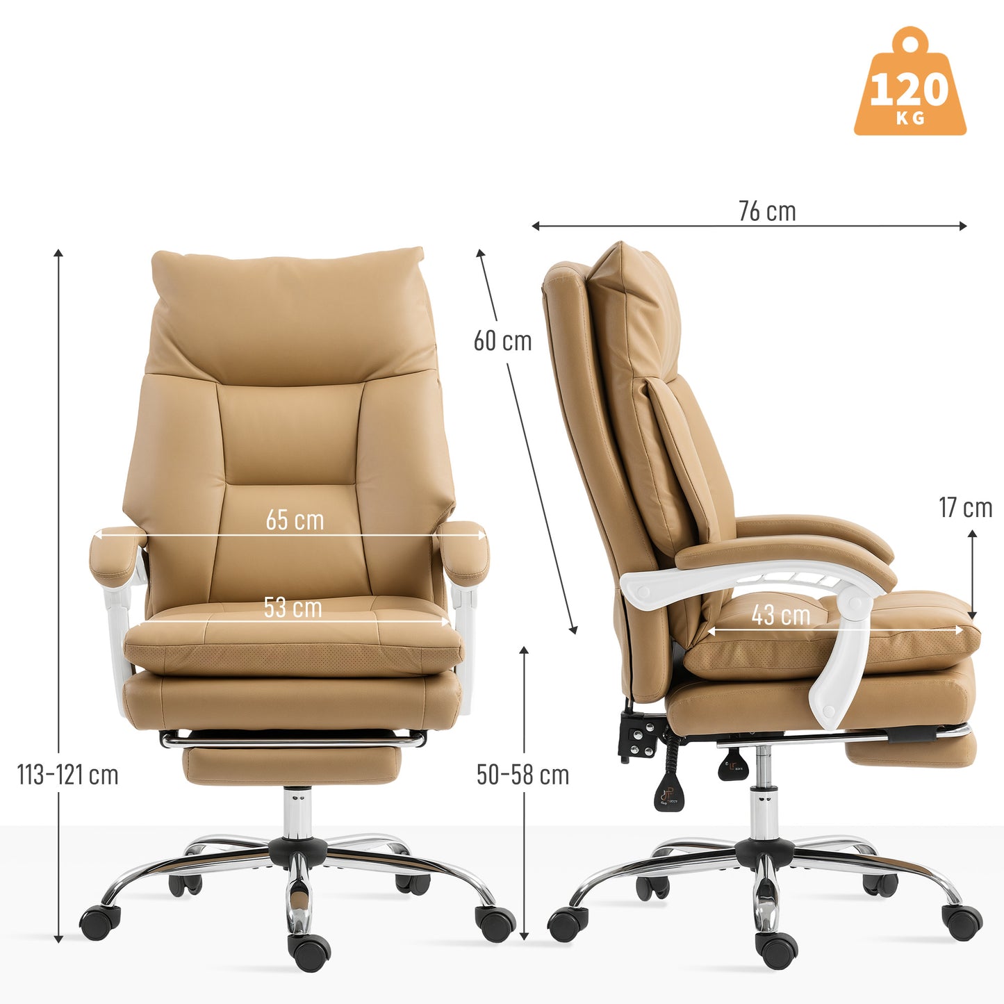 HOMCOM Bürostuhl Ergonomischer Schreibtischstuhl mit Lendenwirbelstütze, Klappbar Armlehne, Fußstütze Hellbraun