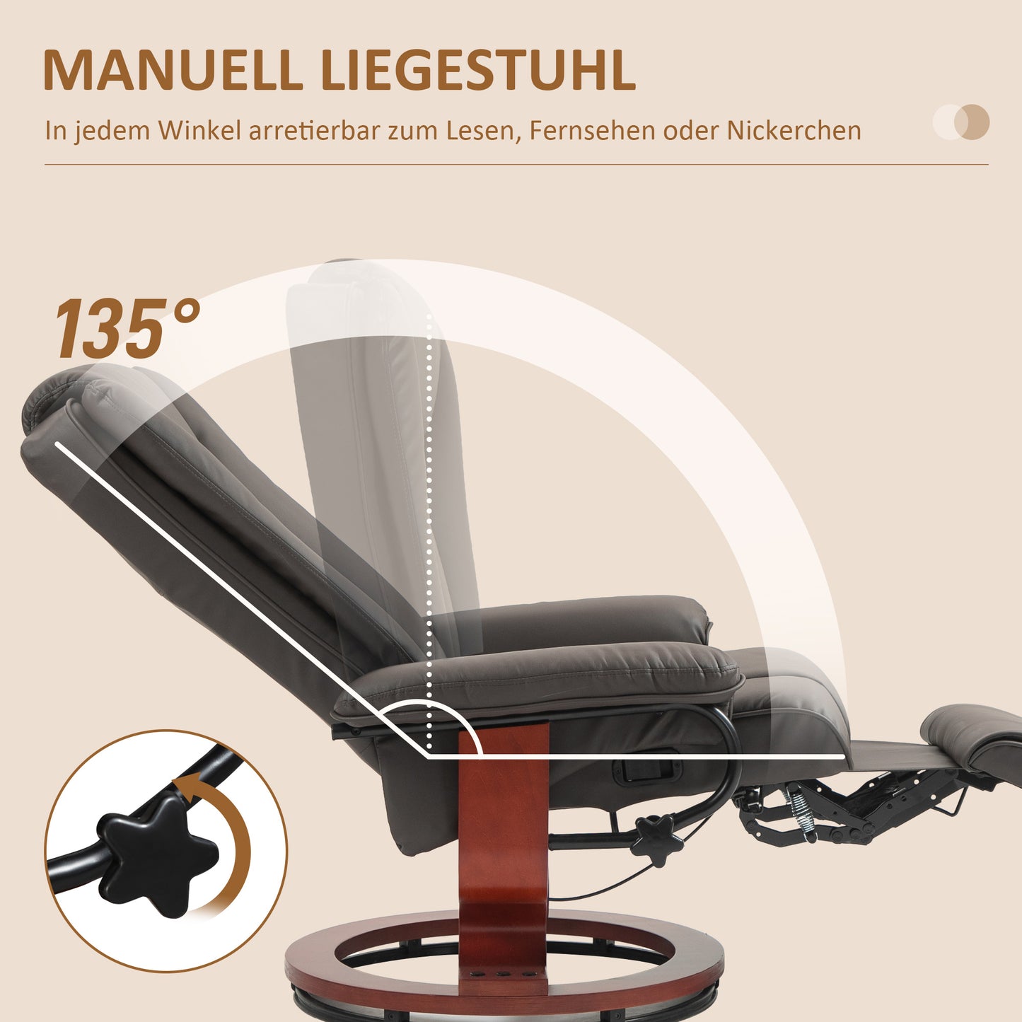 HOMCOM Relaxsessel mit Liegefunktion, drehbar, bis 150 kg, Kunstlederbezug, Stahlrahmen, Braun