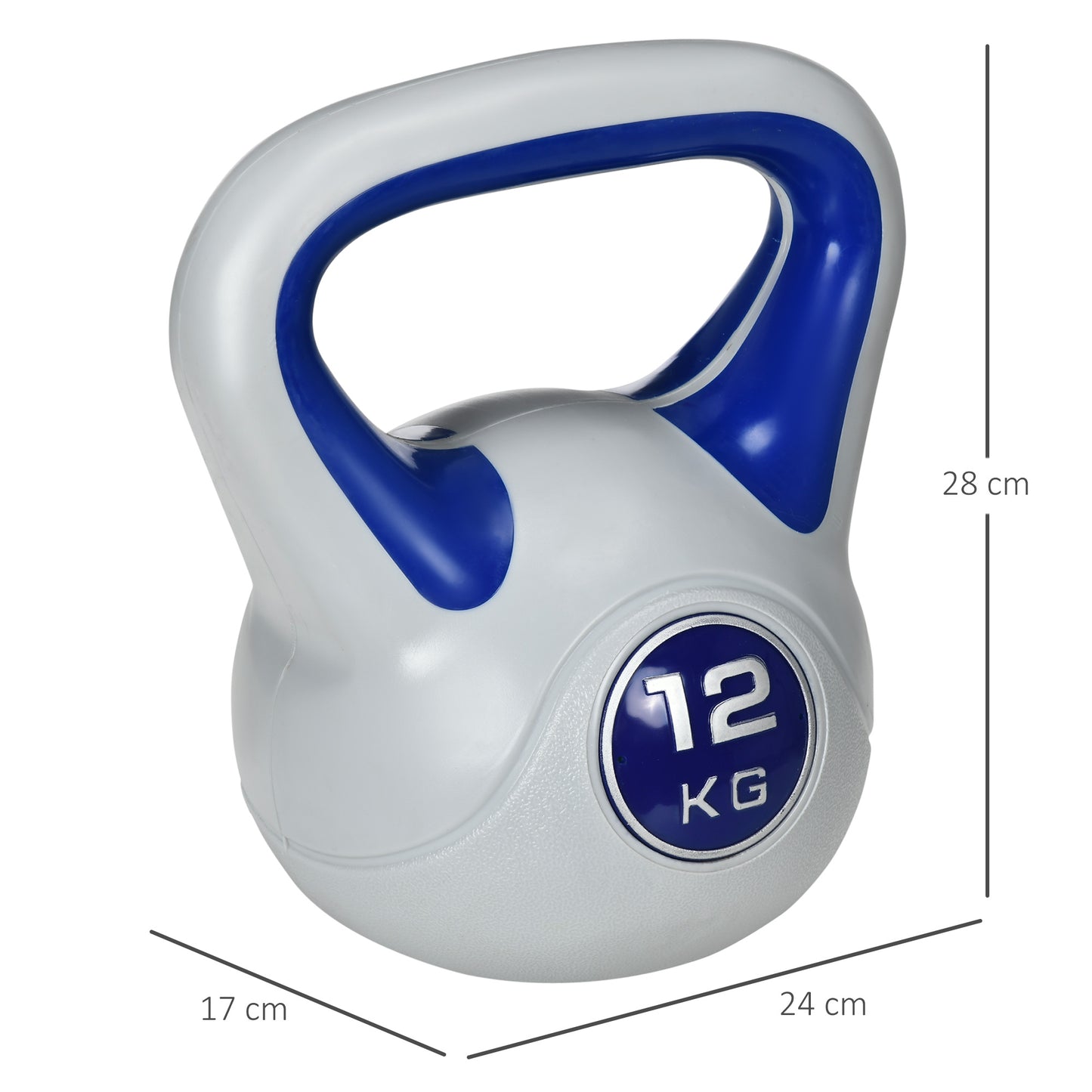 SPORTNOW Kugelhantel, Kettlebell, 12 kg, flache Unterseite, großer Griff, Kunststoffmantel, blau, 24 x 17 x 28 cm