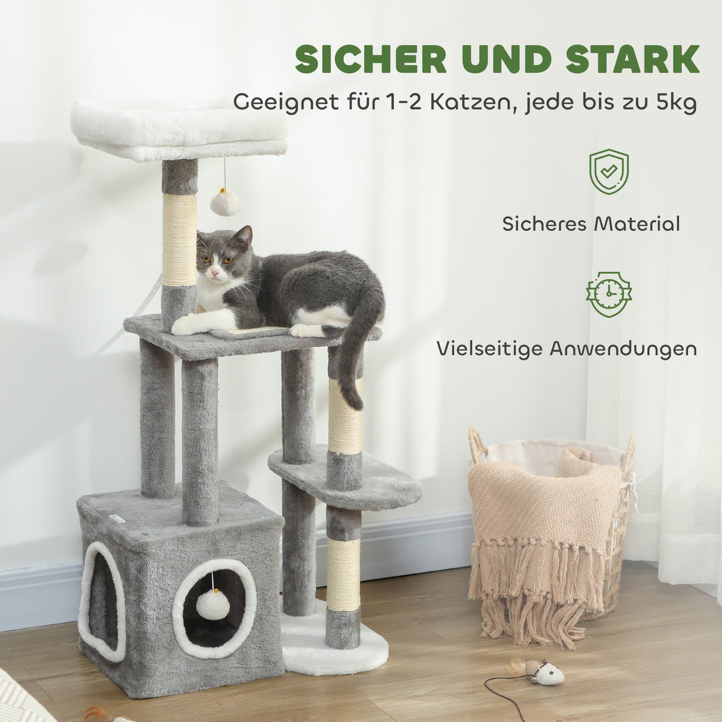 PawHut Kratzbaum 107 cm Katzenturm mit Höhle, 2 Plüschballen, Sisalstämme, große Plattform, 55x40x107 cm, Grau