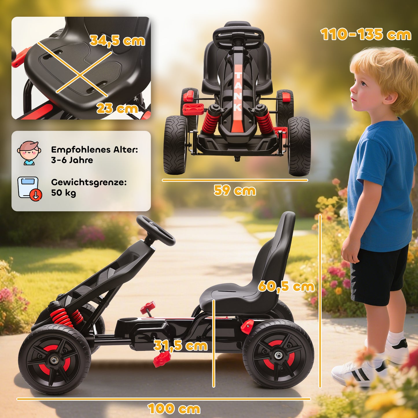 AIYAPLAY Gokart mit Pedalen, Tretauto für Kinder mit Bremse, rutschfeste Räder, Metallrahmen, 3-6 Jahre, Rot