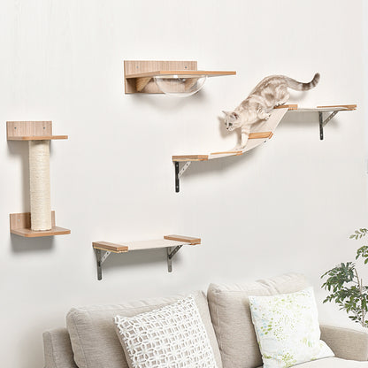 PawHut 4tlg. Kletterwand für Katzen Katzenkletterwand mit Kratzbaum Katzentreppe Katzenmöbel Hängematte Hellbraun Sisal Acryl Kiefer