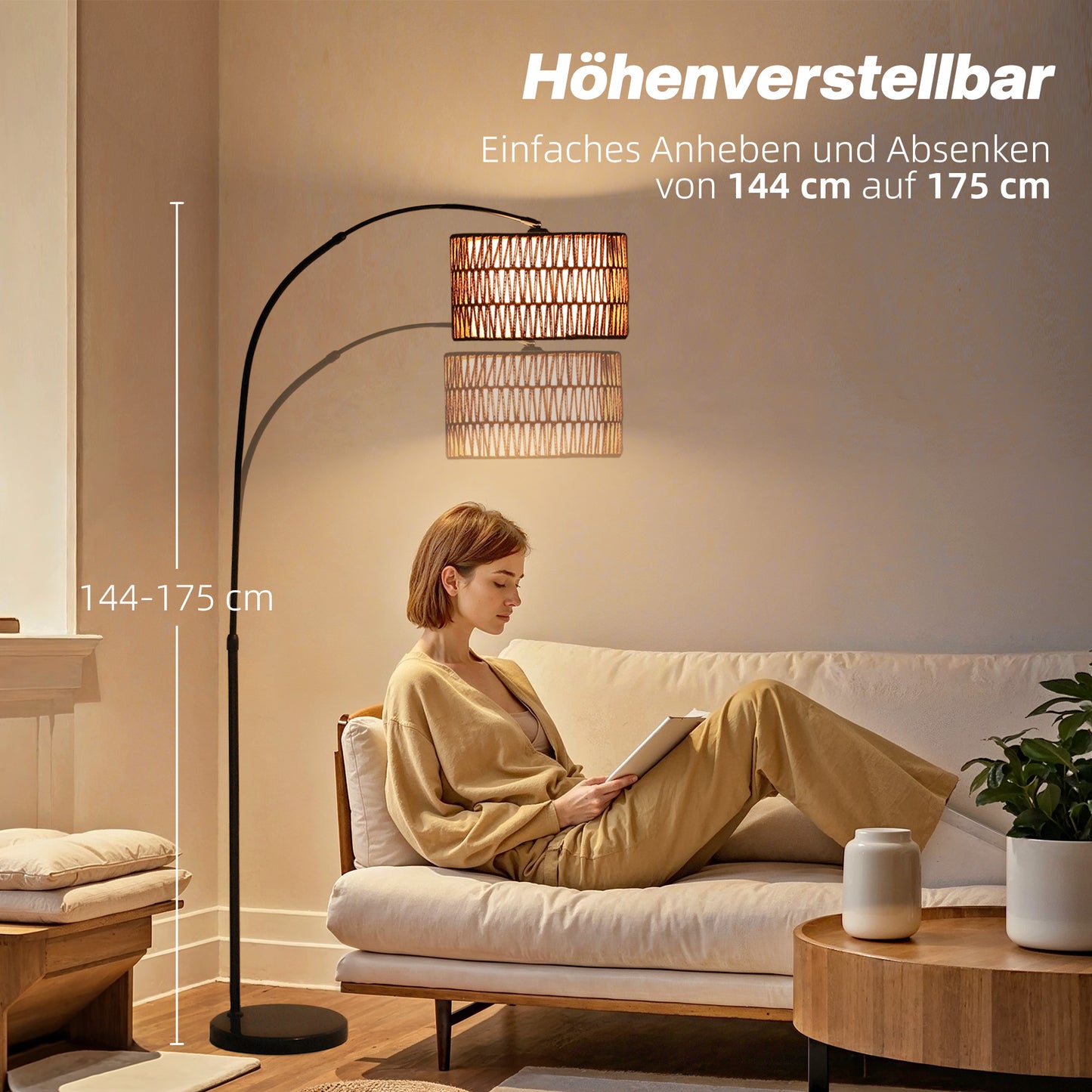 HOMCOM Stehlampe mit Hanfseil-Schirm, höhenverstellbar, Fußschalter, Metall, Schwarz
