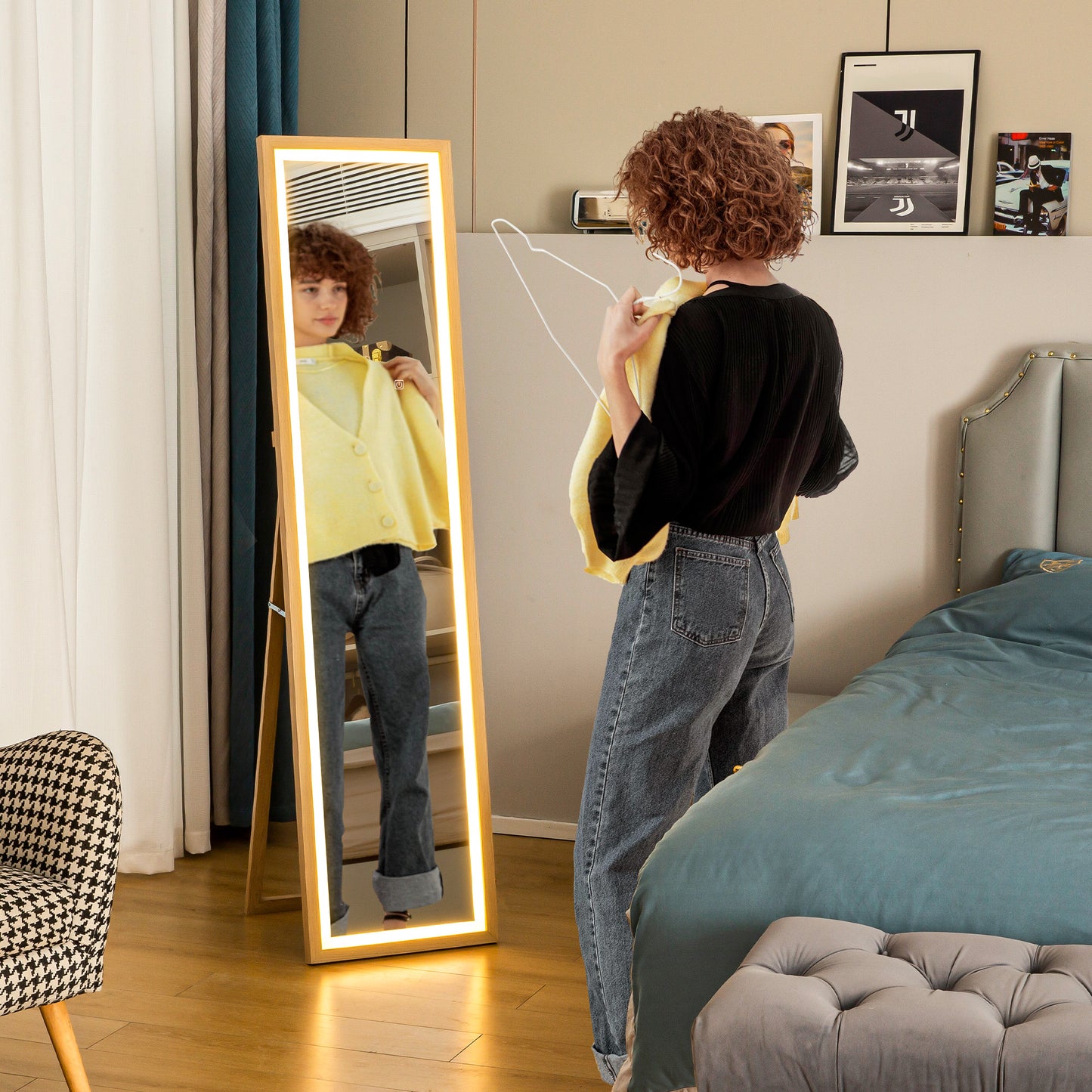 HOMCOM LED Ganzkörperspiegel, 40 x 160 cm, Touch-Steuerung, dimmbar, 3 Farben, Eiche