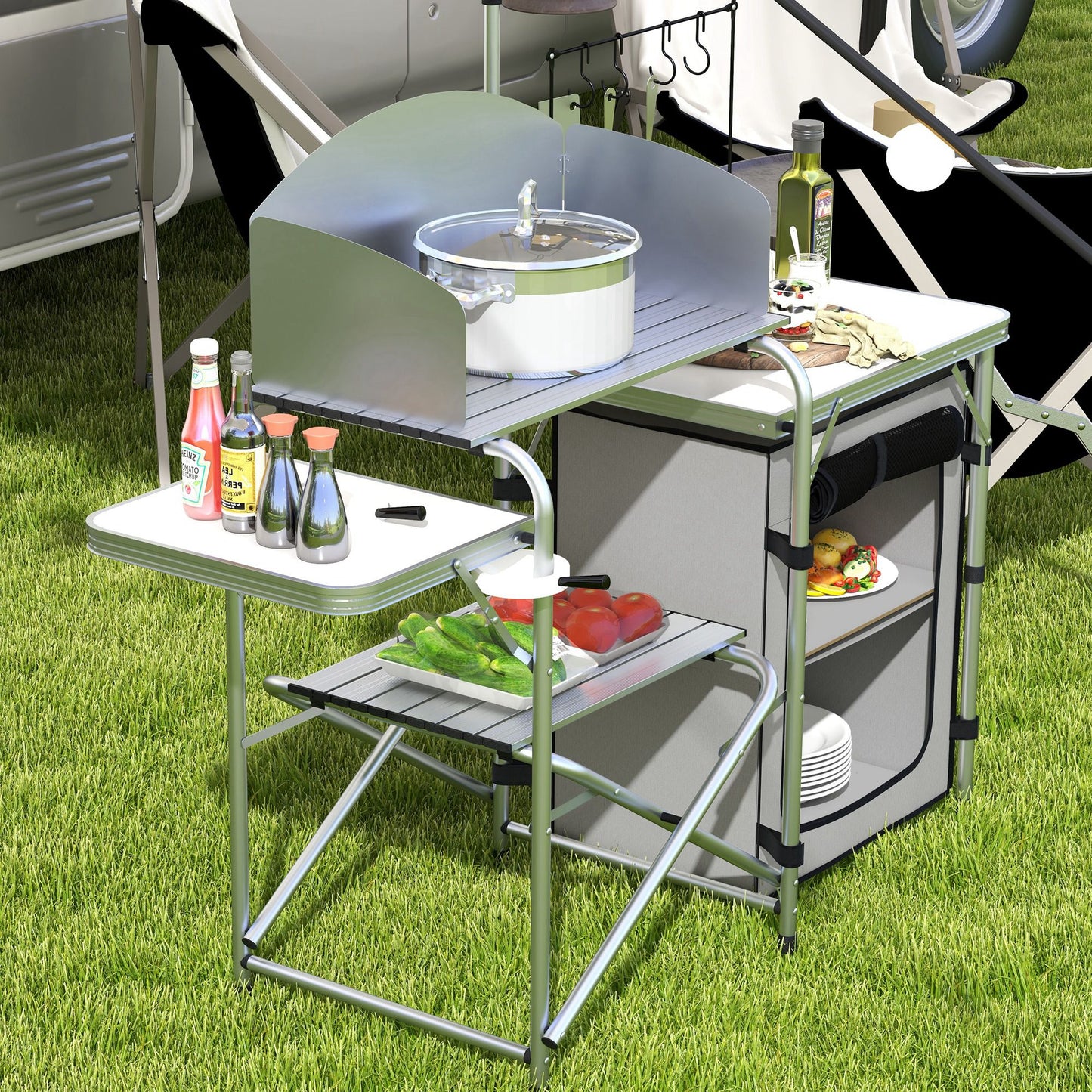 Outsunny Campingküche, faltbar, 3 Arbeitsplatten, Windschutz, Stoffschrank, 144x48x119cm, Silber