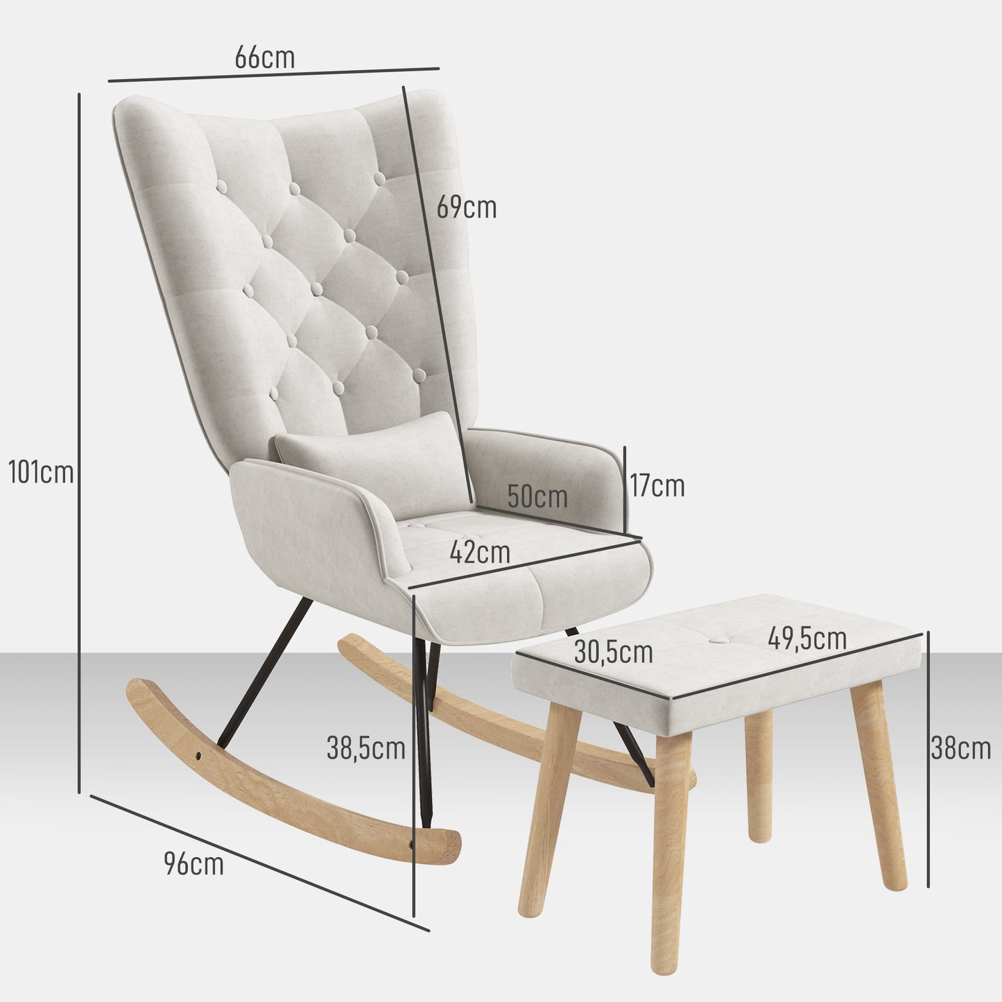 HOMCOM Schaukelsessel mit Hocker, gepolstert, hohe Rückenlehne, Samtoptik, bis 150 kg, Cremeweiß