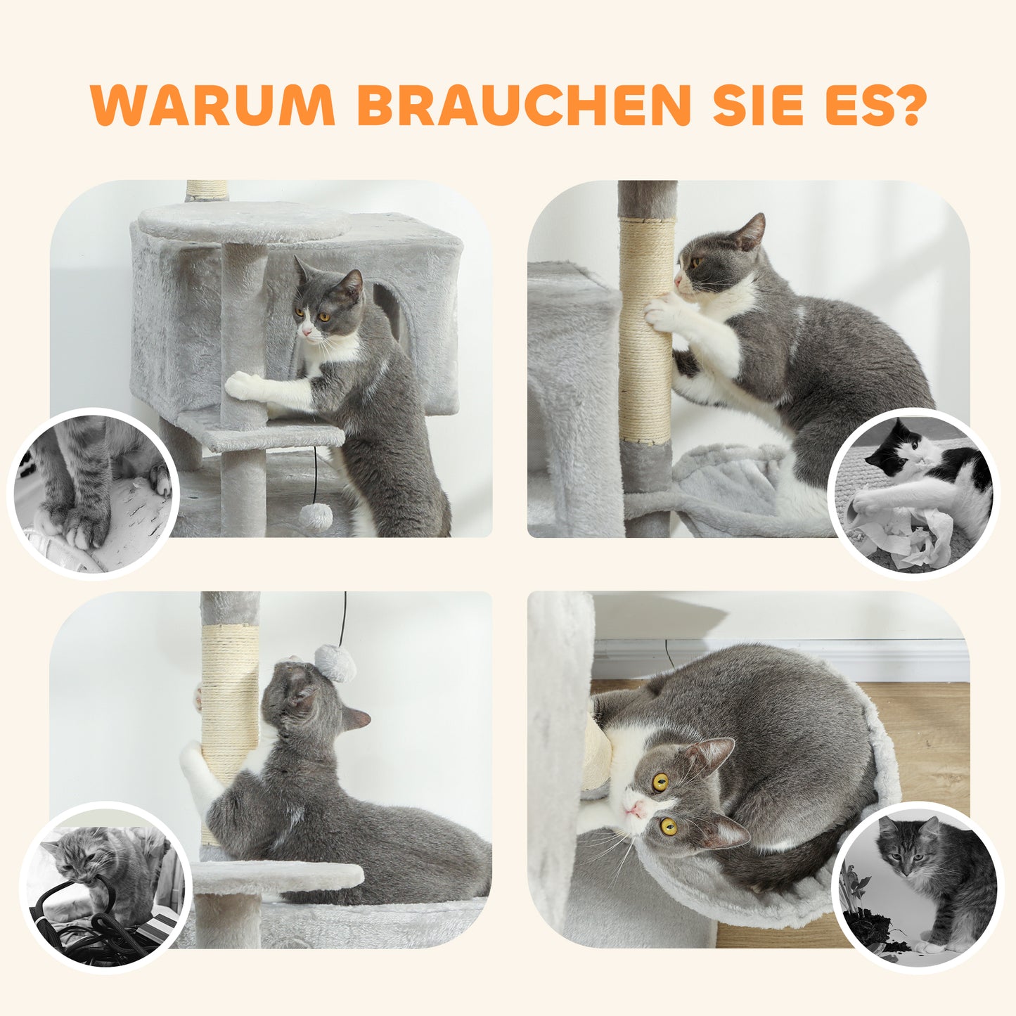 PawHut 140 cm Katzenkratzbaum, mehrere Ebenen, Sisal-Kratzpfosten, Höhlen, Plüsch-Plattformen, Hängematte, Leiter, Spielbälle